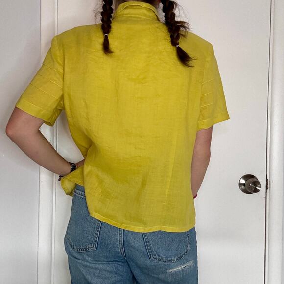 Ann Gerlin 1990s Button Up Linen Blouse Chartreuse Green Short Sleeve Tailored - Picture 6 of 10